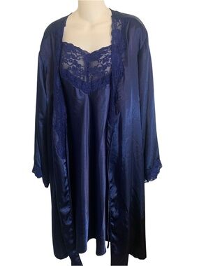 Lace-Trim Satin Chemise & Robe Set - 2 pc Navy Size 1X Romantic Sexy